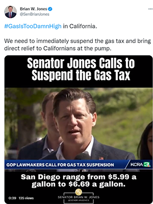 Senator Brian Jones call to suspend gas tax