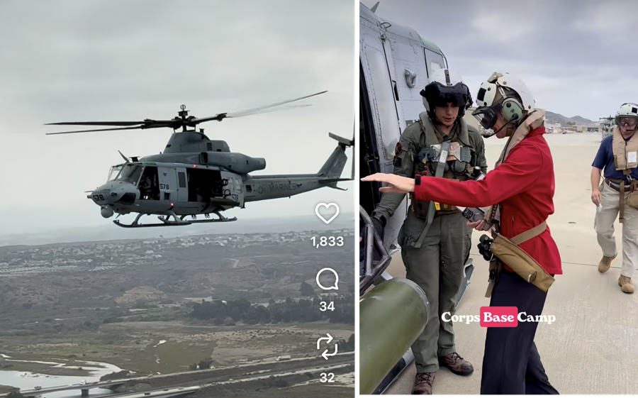 Left: Marine Corps Helicopter in flight. Right: Senator Blakespear boarding helicopter.